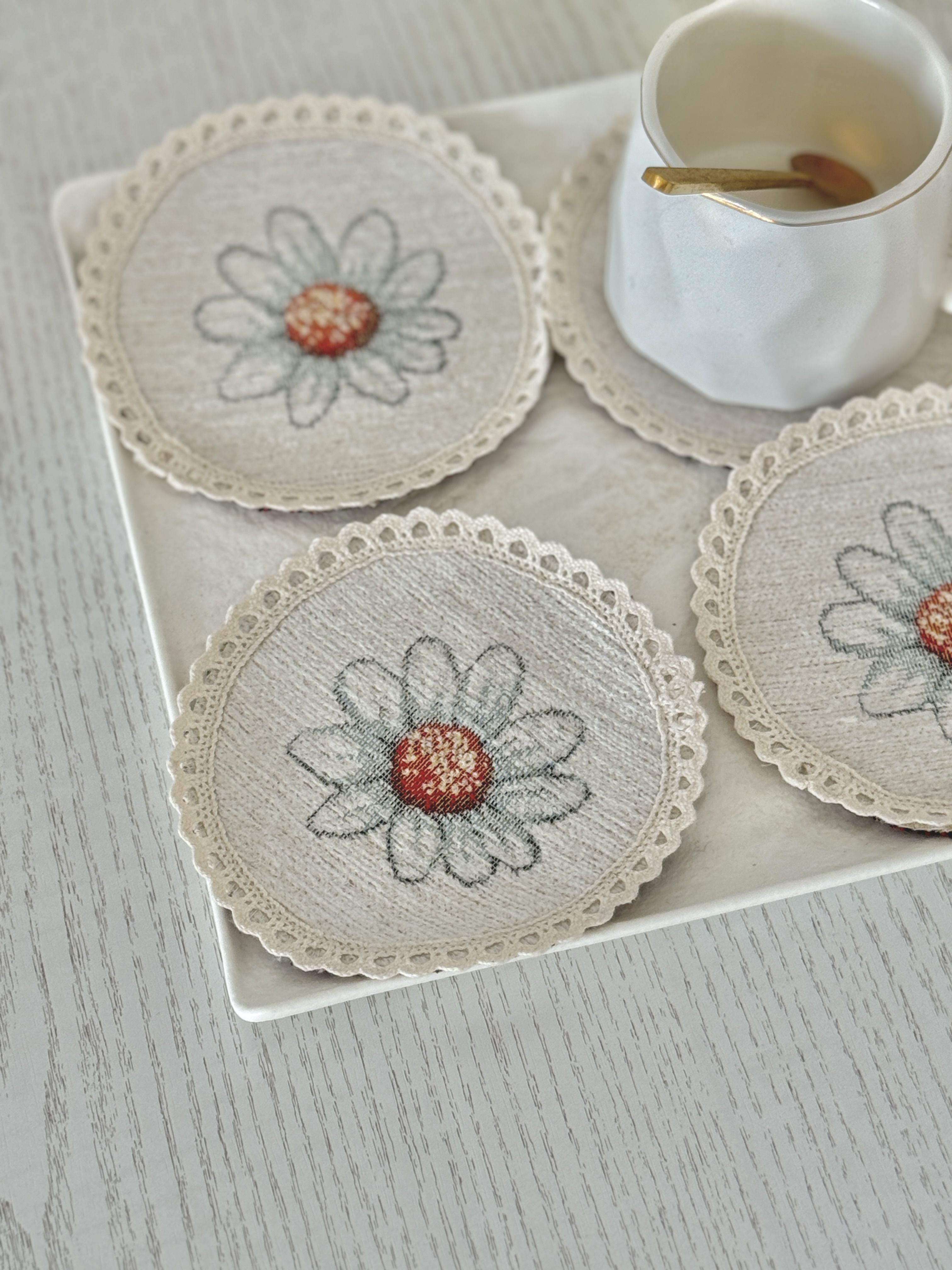 Easter tapestry coasters set of 6 «Bunny in daisies» with microfibre