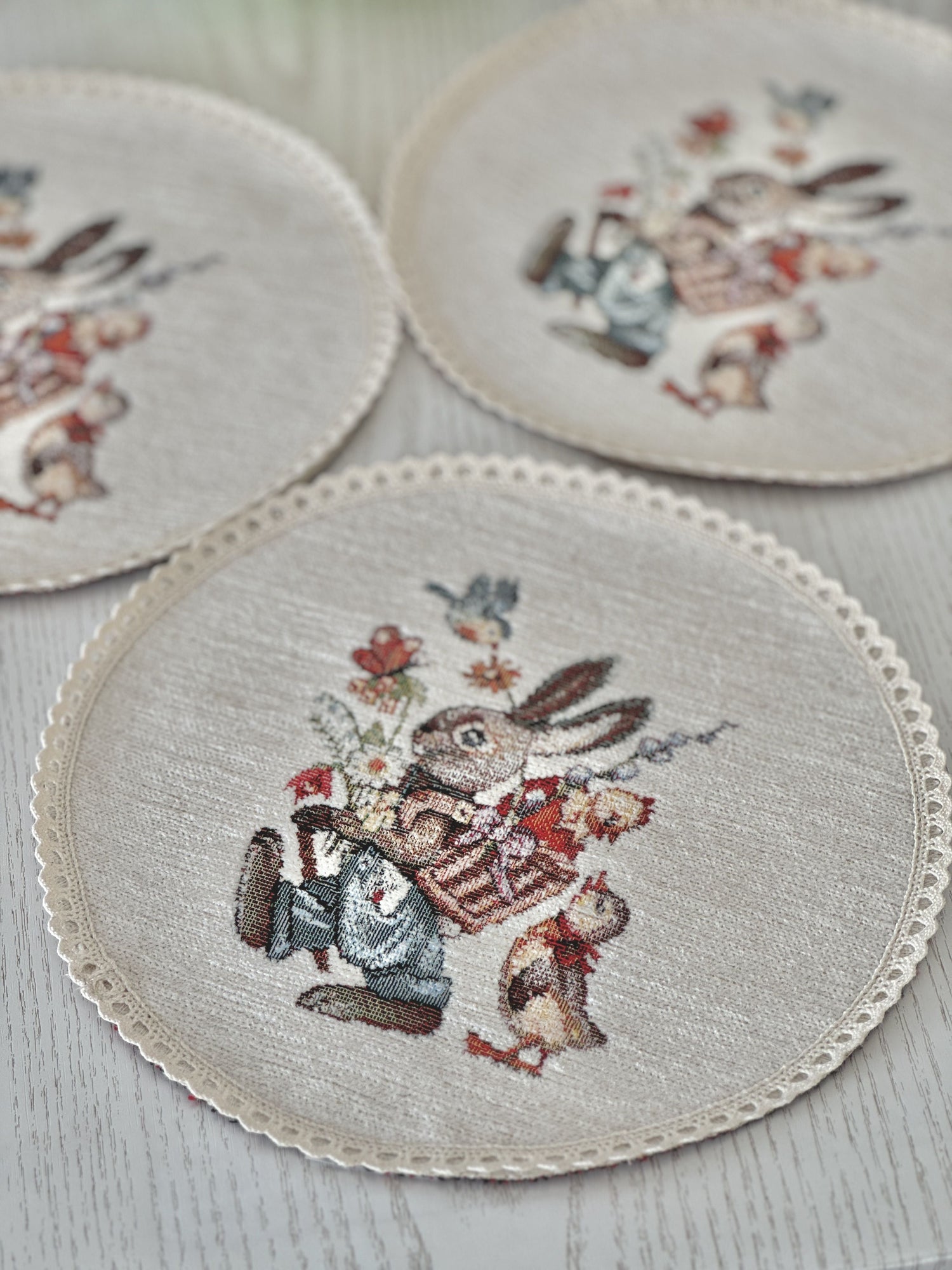Easter tapestry coasters set of 6 «Bunny in daisies» with microfibre Limaso Textile