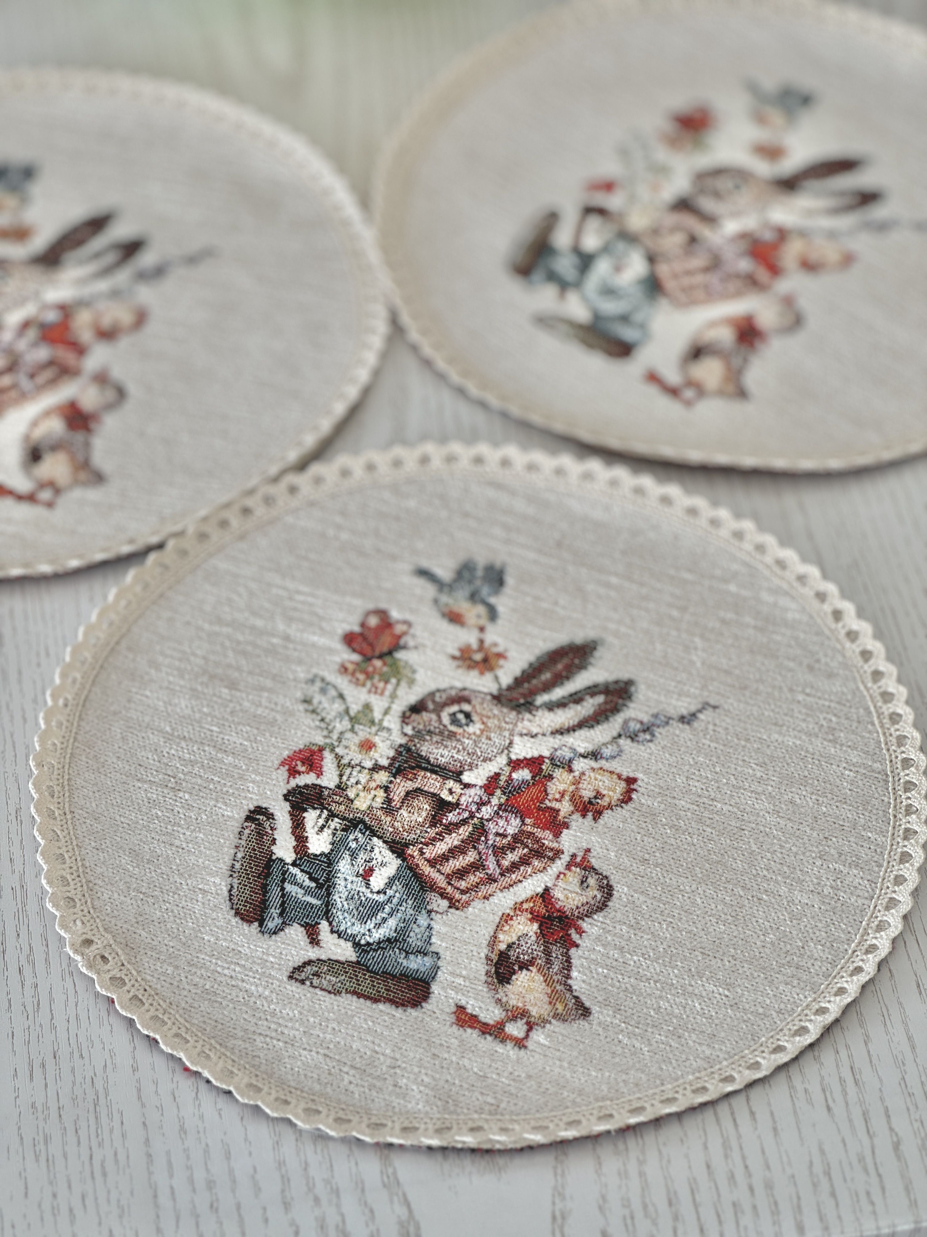 Easter tapestry coasters set of 6 «Bunny in daisies» with microfibre Limaso Textile