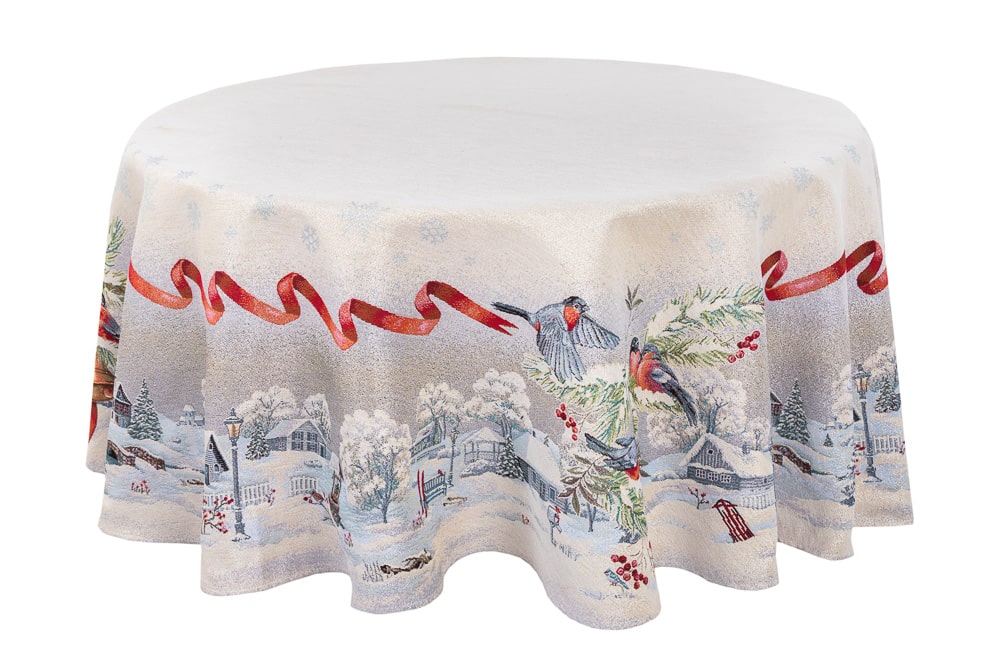 Round Christmas tablecloth «Christmas News» with silver thread Limaso Textile