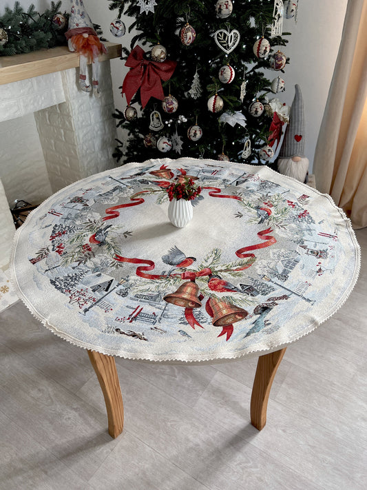 Round Christmas tablecloth «Christmas News» with silver thread