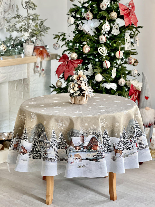 Round Christmas tablecloth «Winter Day Magic» without lurex