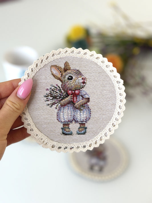 Easter tapestry coasters set of 6 «Bunny in Roses»