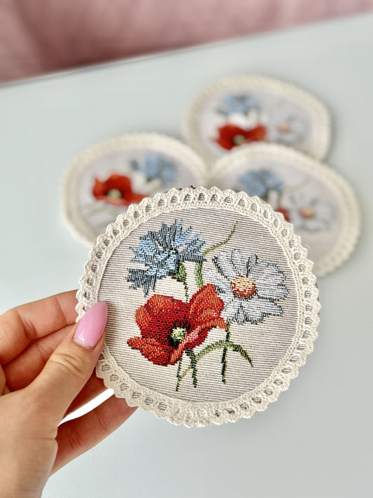 Tapestry coasters set of 6 «Poppies and daisies»