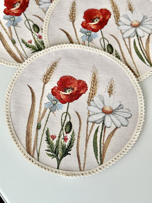 Tapestry coasters set of 6 «Poppies and daisies»