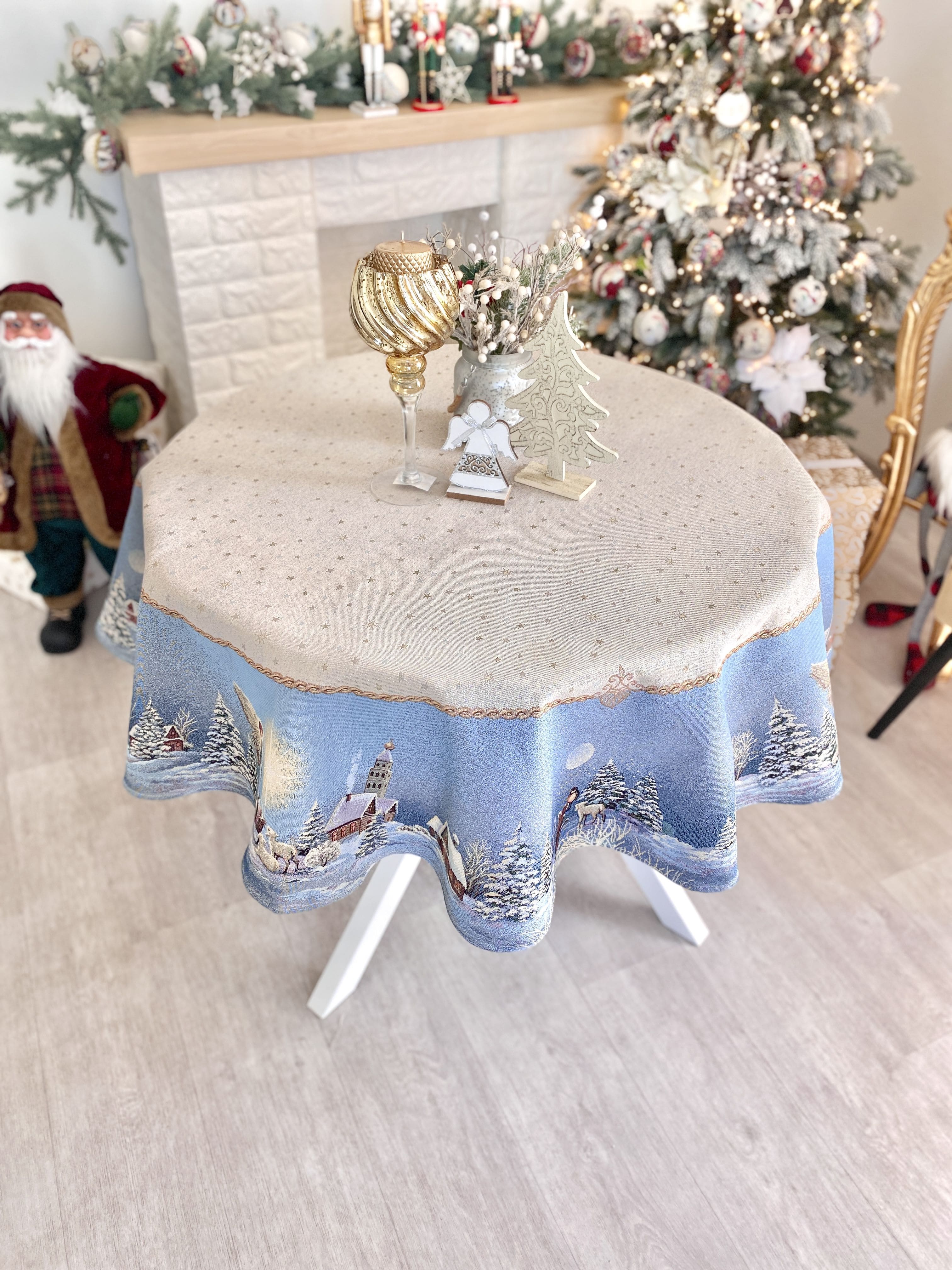 Round Christmas tablecloth «Christmas star» with silver thread Limaso Textile