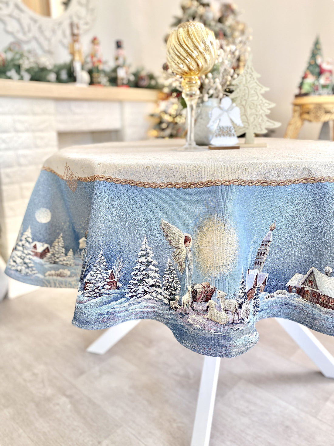 Round Christmas tablecloth «Christmas star» with silver thread Limaso Textile