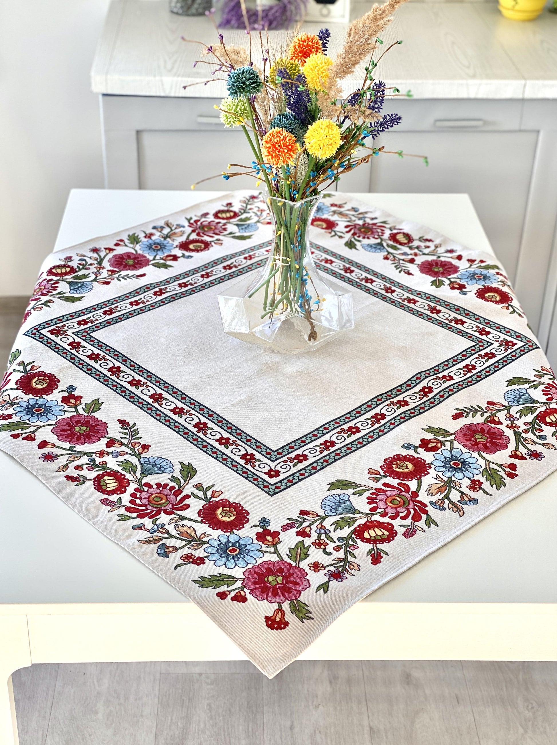 Square tablecloth «Folk Floral» - Premium Tapestry - Textile4Family