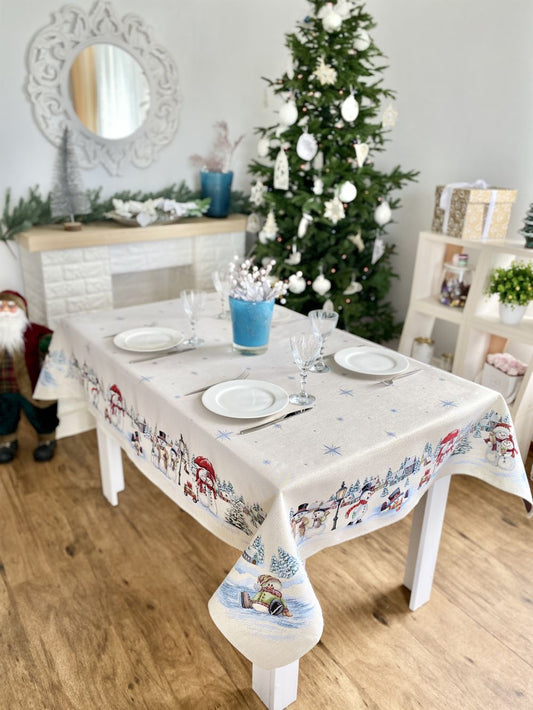 Christmas tapestry tablecloth «Snow family» with silver thread