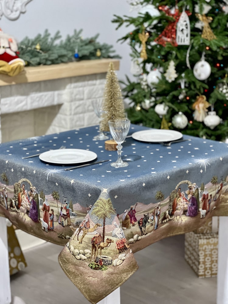 Christmas tapestry tablecloth «Nativity scene» with golden thread Limaso Textile