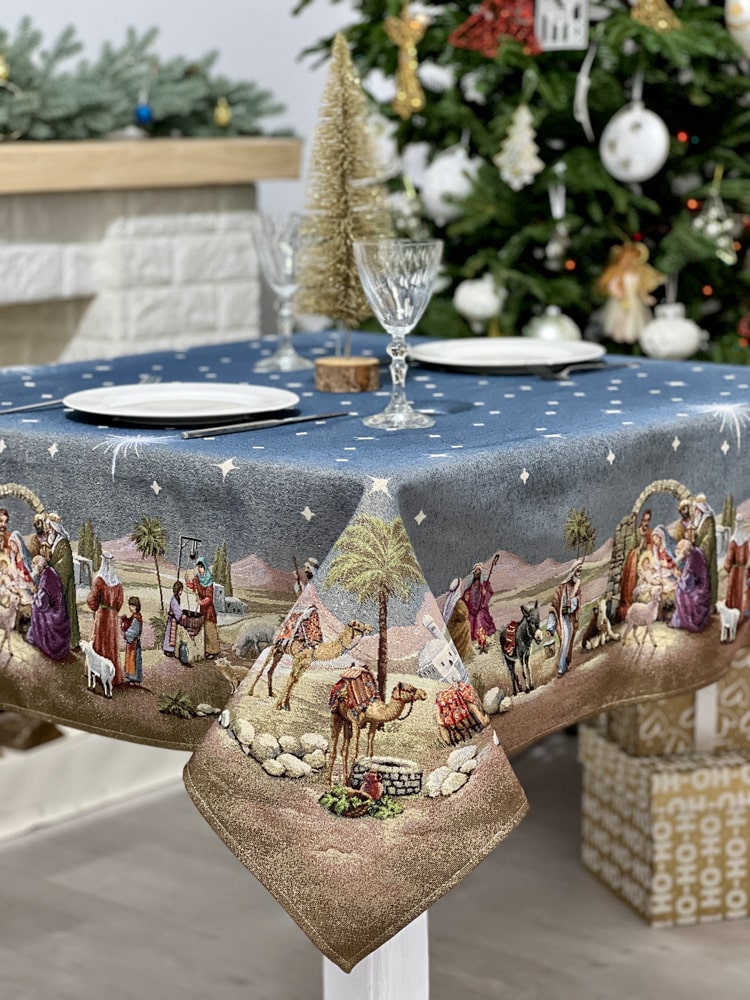 Christmas tapestry tablecloth «Nativity scene» with golden thread Limaso Textile