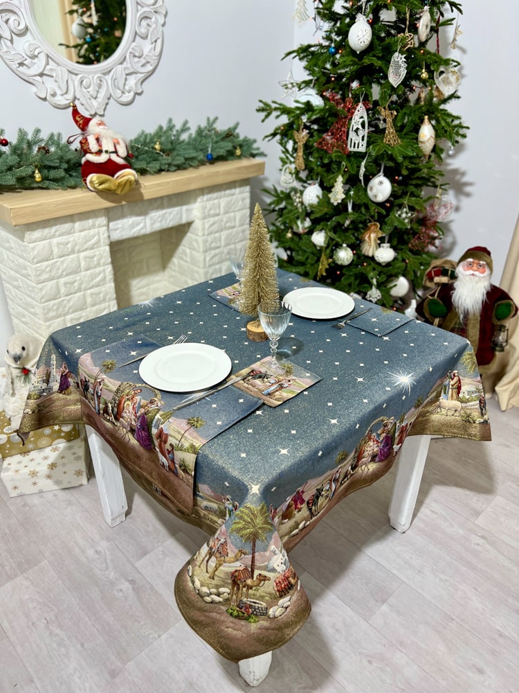 Christmas tapestry tablecloth «Nativity scene» with golden thread Limaso Textile