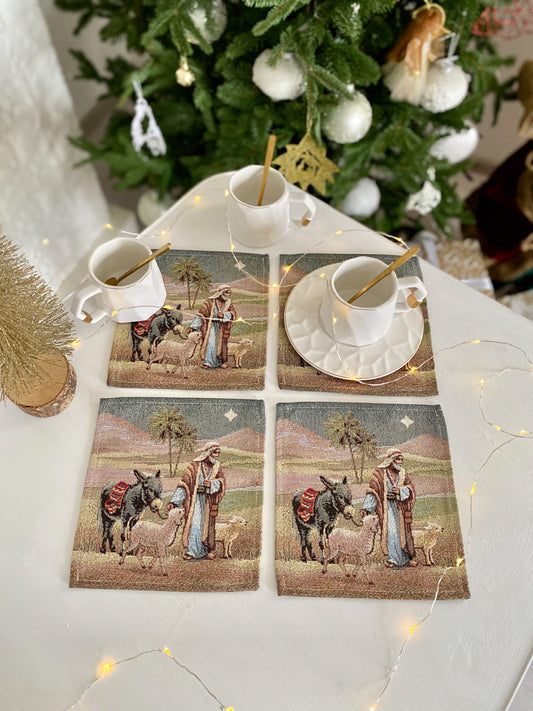 Christmas cup placemats «Nativity scene» with golden thread