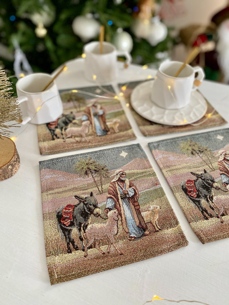 Christmas cup placemats «Nativity scene» with golden thread Limaso Textile