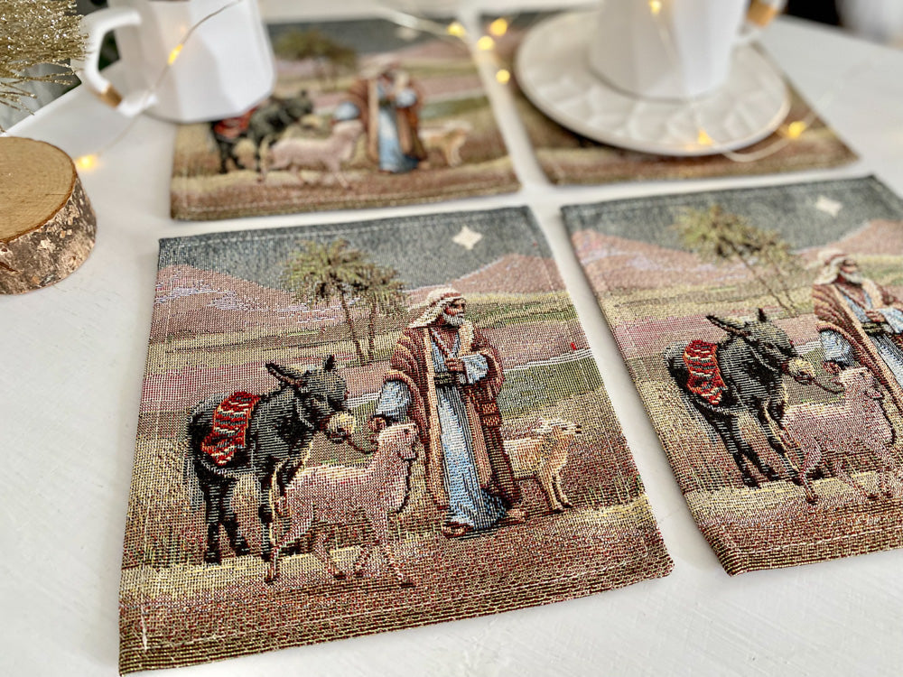 Christmas cup placemats «Nativity scene» with golden thread Limaso Textile