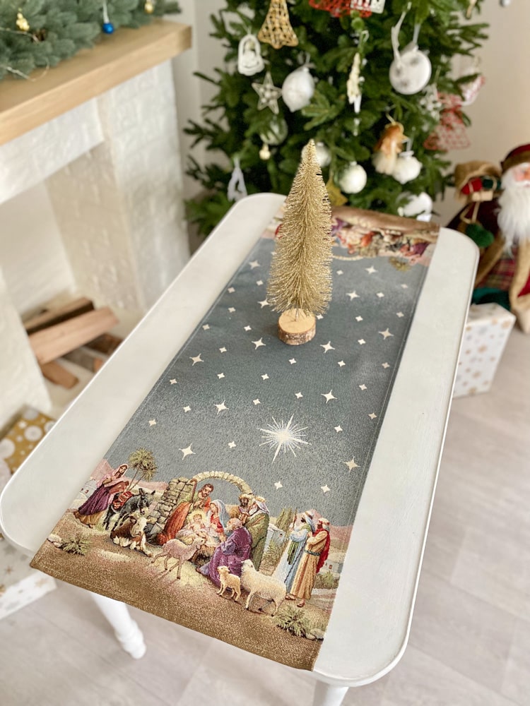 Christmas Tapestry Table runner «Nativity scene» with golden thread Limaso Textile