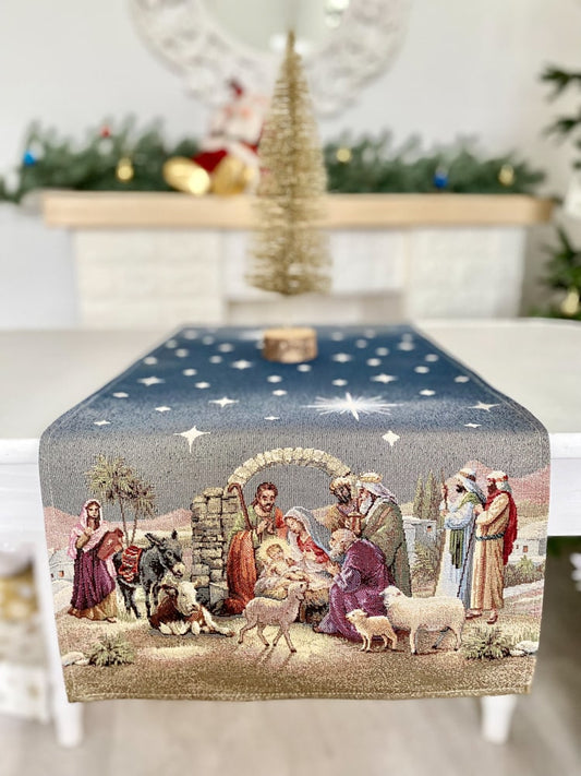 Christmas Tapestry Table runner «Nativity scene» with golden thread