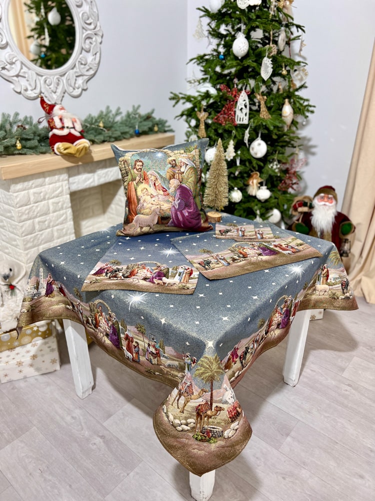 Christmas tapestry tablecloth «Nativity scene» with golden thread Limaso Textile
