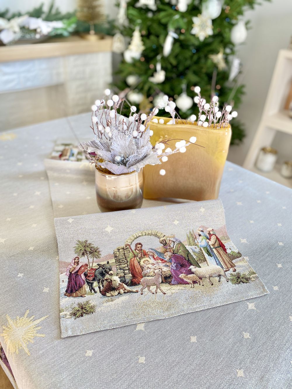 Christmas Tapestry Table runner «Nativity» with golden thread Limaso Textile