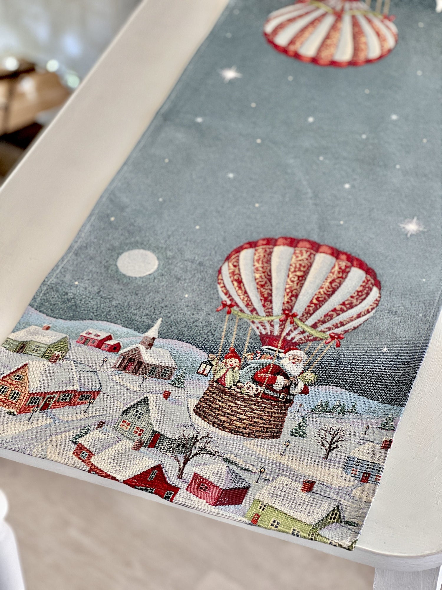 Christmas Tapestry Table runner «Holiday Flight» with silver thread Limaso Textile