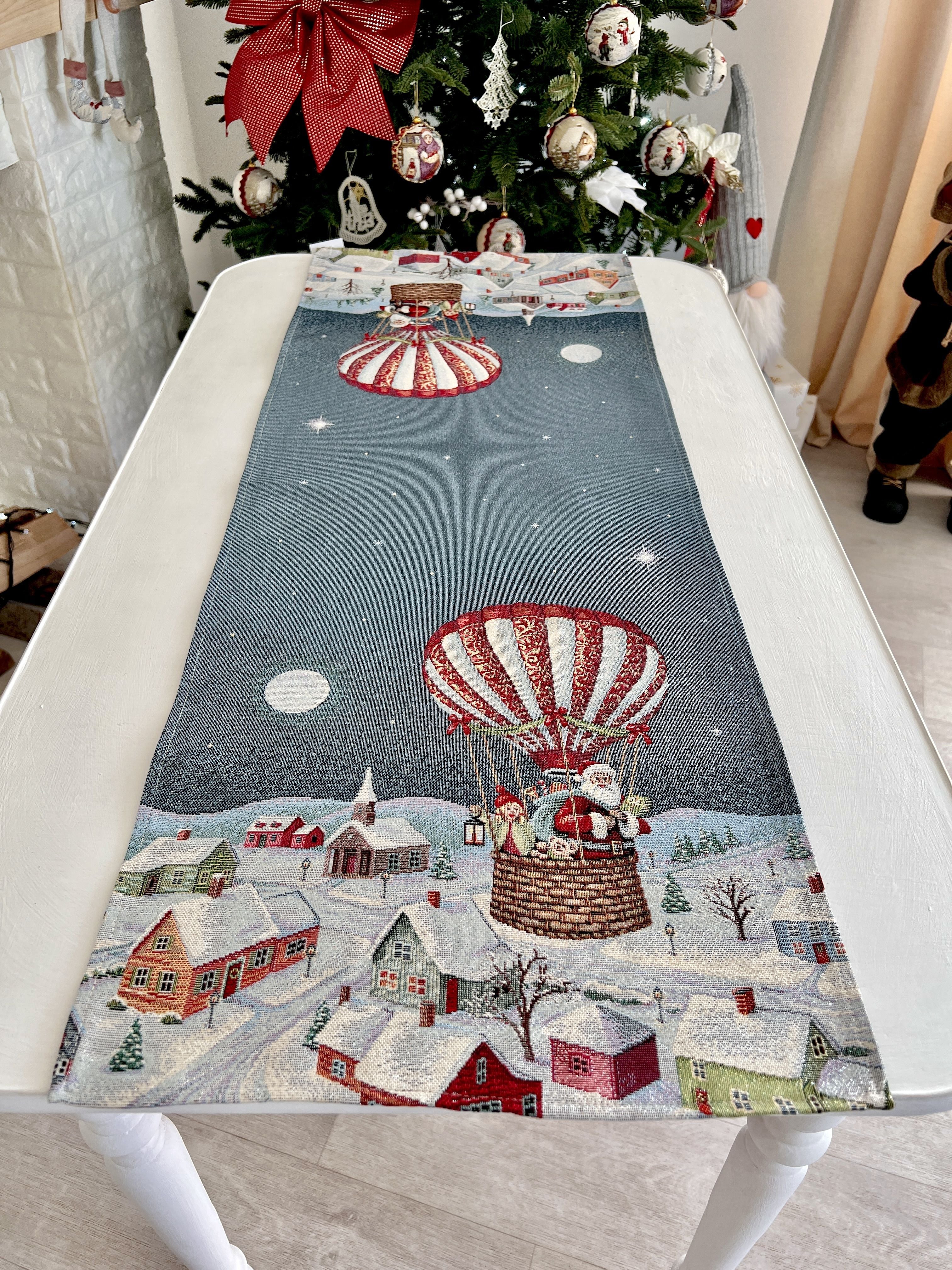 Christmas Tapestry Table runner «Holiday Flight» with silver thread Limaso Textile