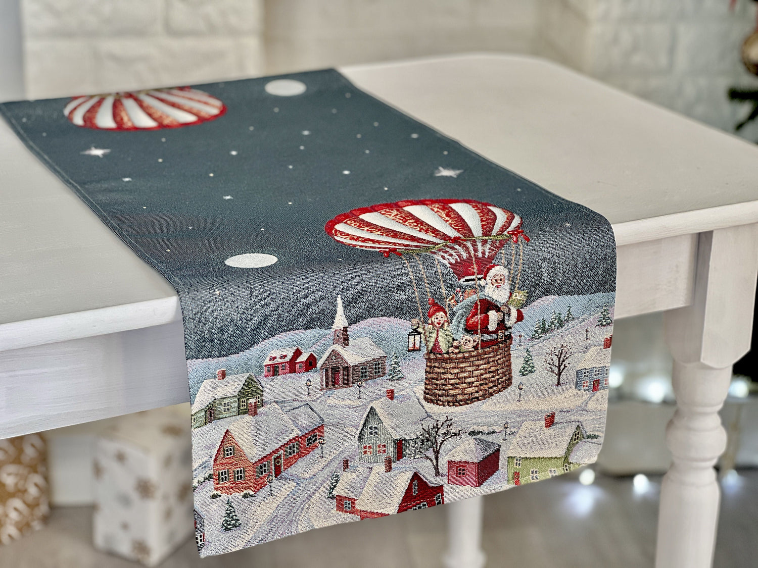 Christmas Tapestry Table runner «Holiday Flight» with silver thread Limaso Textile