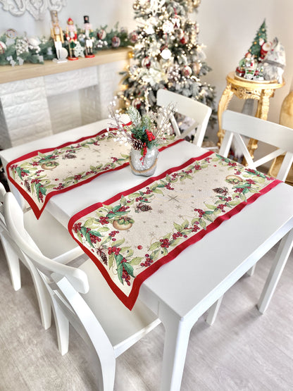 Christmas Tapestry Table runner «Christmas garland» with golden thread