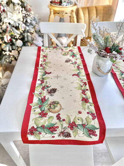 Christmas Tapestry Table runner «Christmas garland» with golden thread