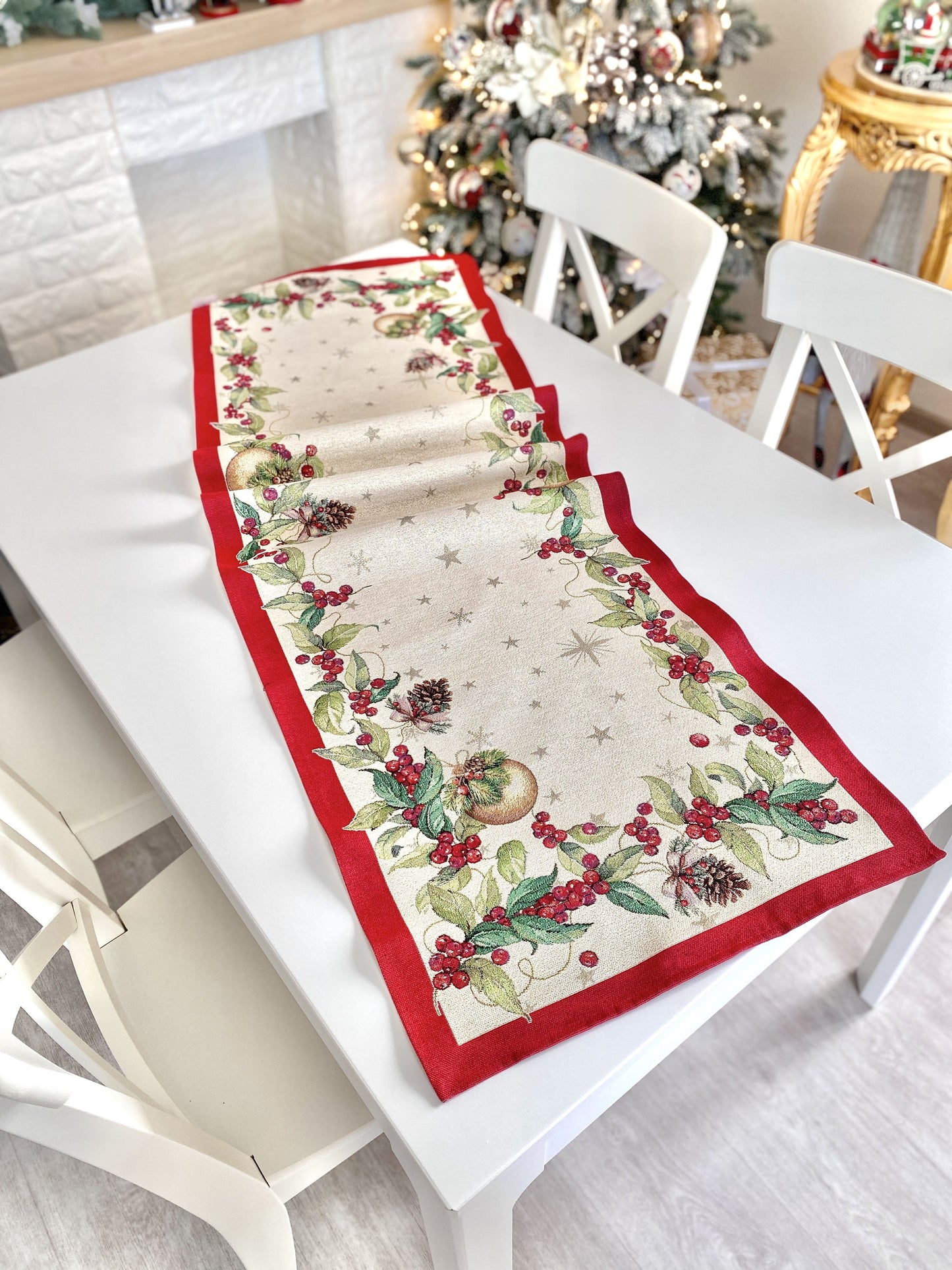 Christmas Tapestry Table runner «Christmas garland» with golden thread