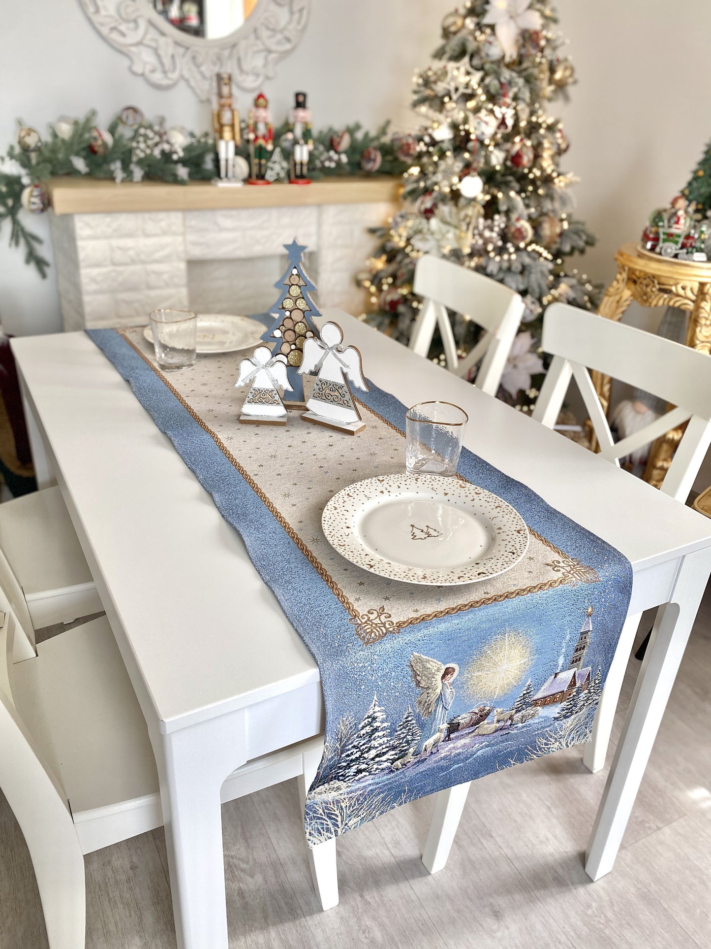 Christmas Tapestry Table runner «Christmas star» with silver thread