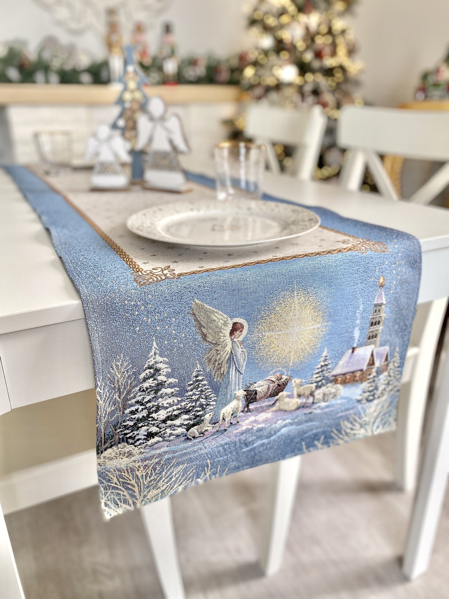 Christmas Tapestry Table runner «Christmas star» with silver thread