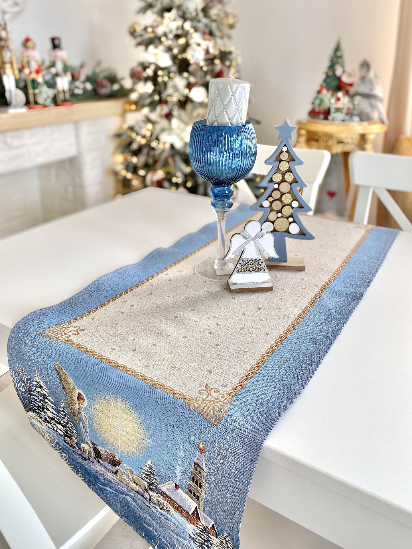 Christmas Tapestry Table runner «Christmas star» with silver thread