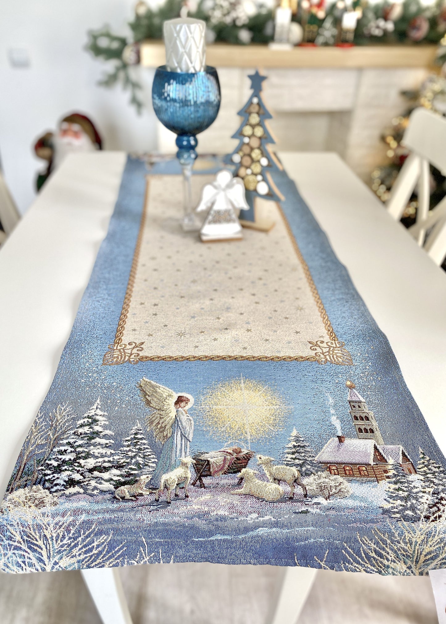 Christmas Tapestry Table runner «Christmas star» with silver thread