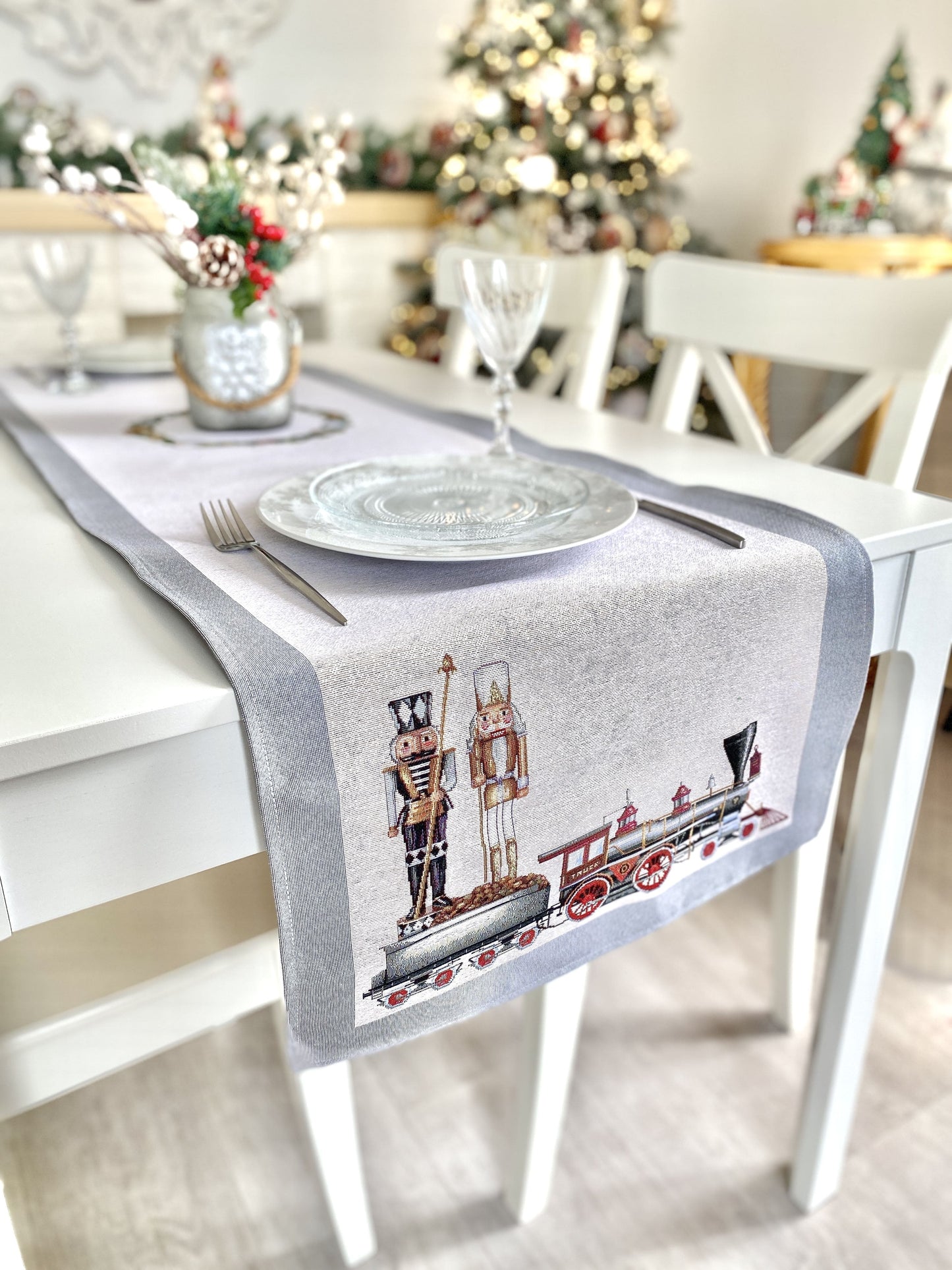 Christmas Tapestry Table runner «Grey Nutcracker» without lurex