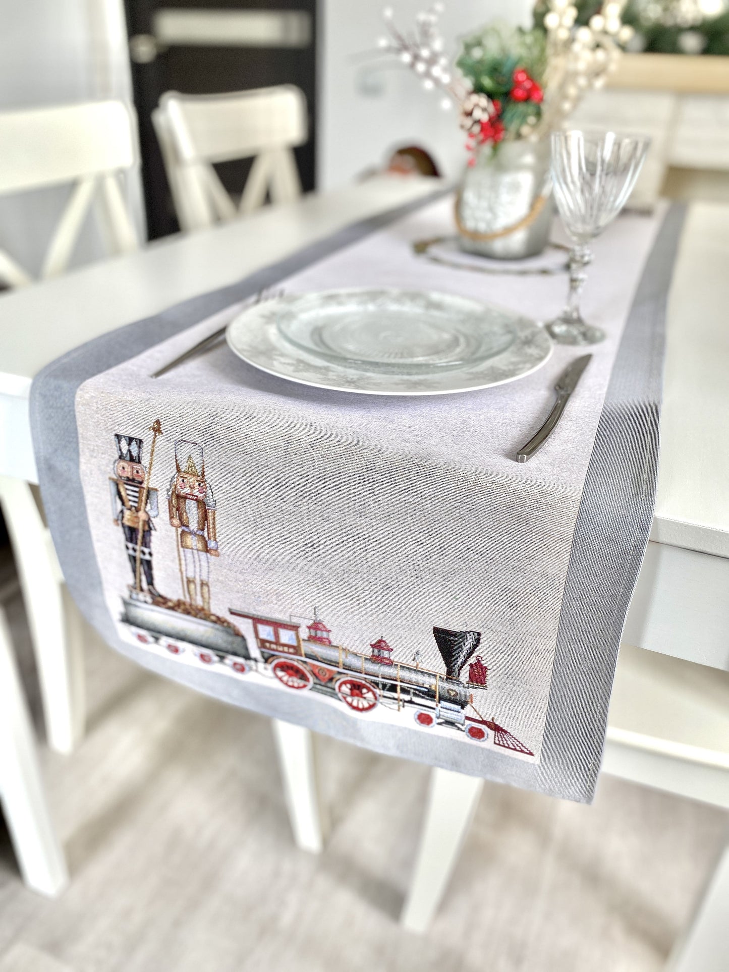 Christmas Tapestry Table runner «Grey Nutcracker» without lurex