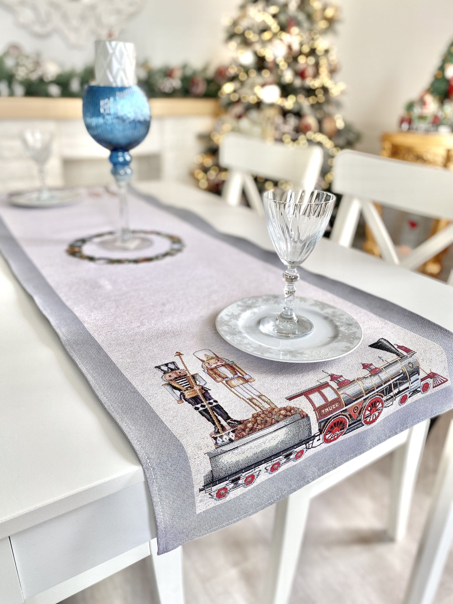 Christmas Tapestry Table runner «Grey Nutcracker» without lurex