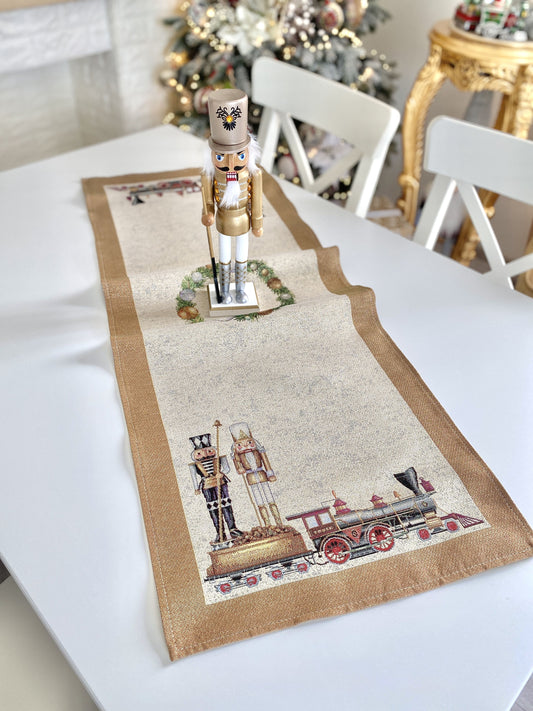 Christmas Tapestry Table runner «Gold Nutcracker» with golden thread