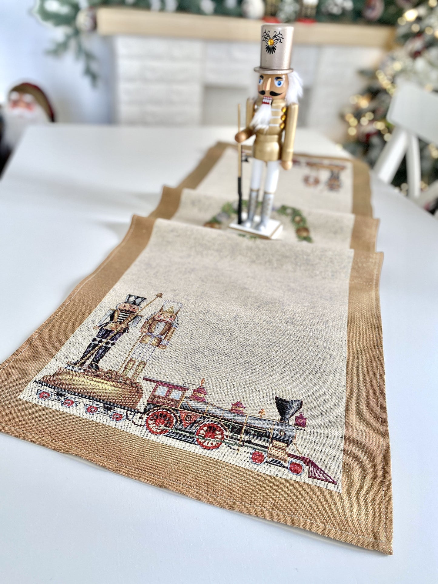 Christmas Tapestry Table runner «Gold Nutcracker» with golden thread