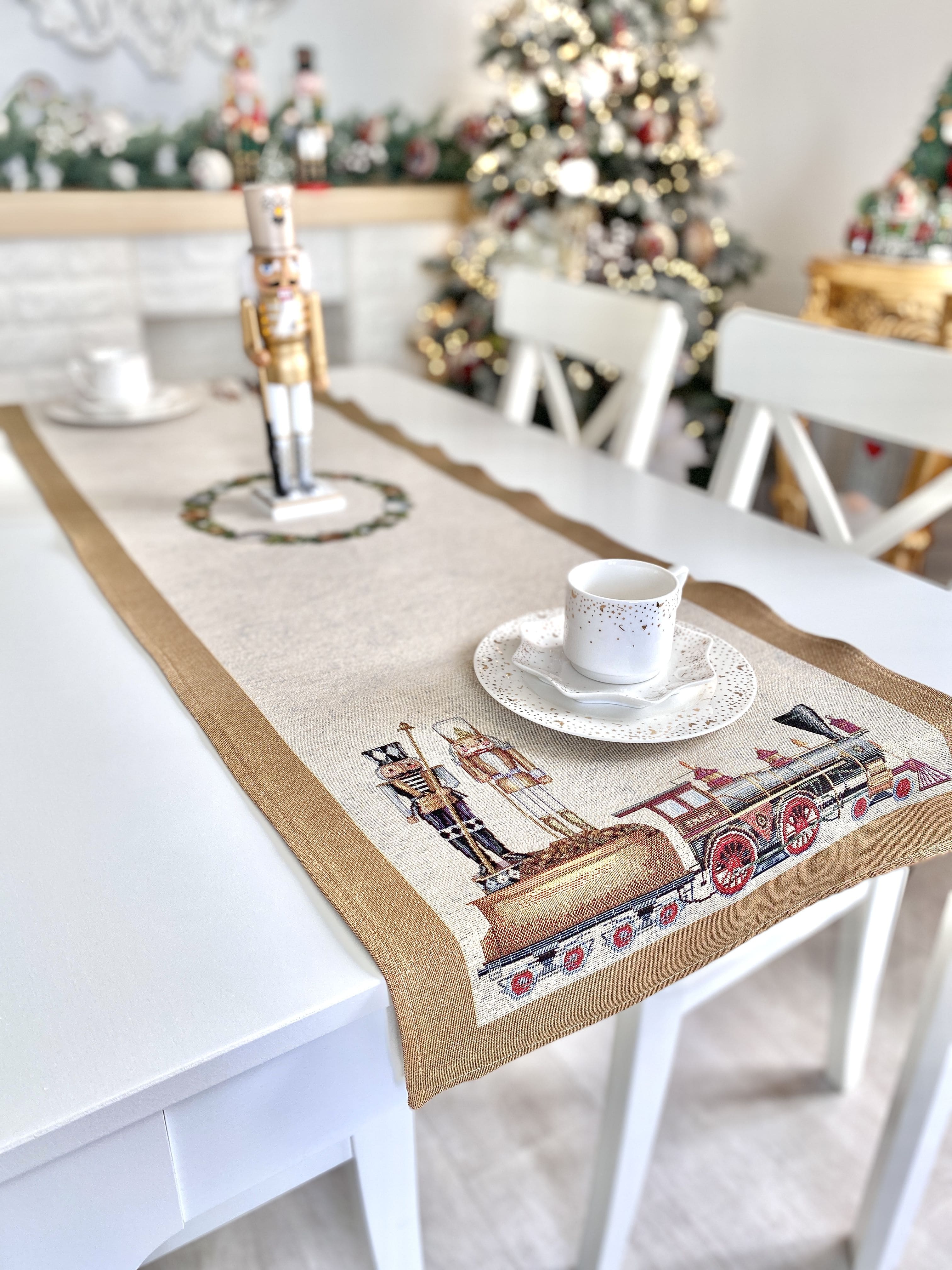 Christmas Tapestry Table runner «Gold Nutcracker» with golden thread Limaso Textile