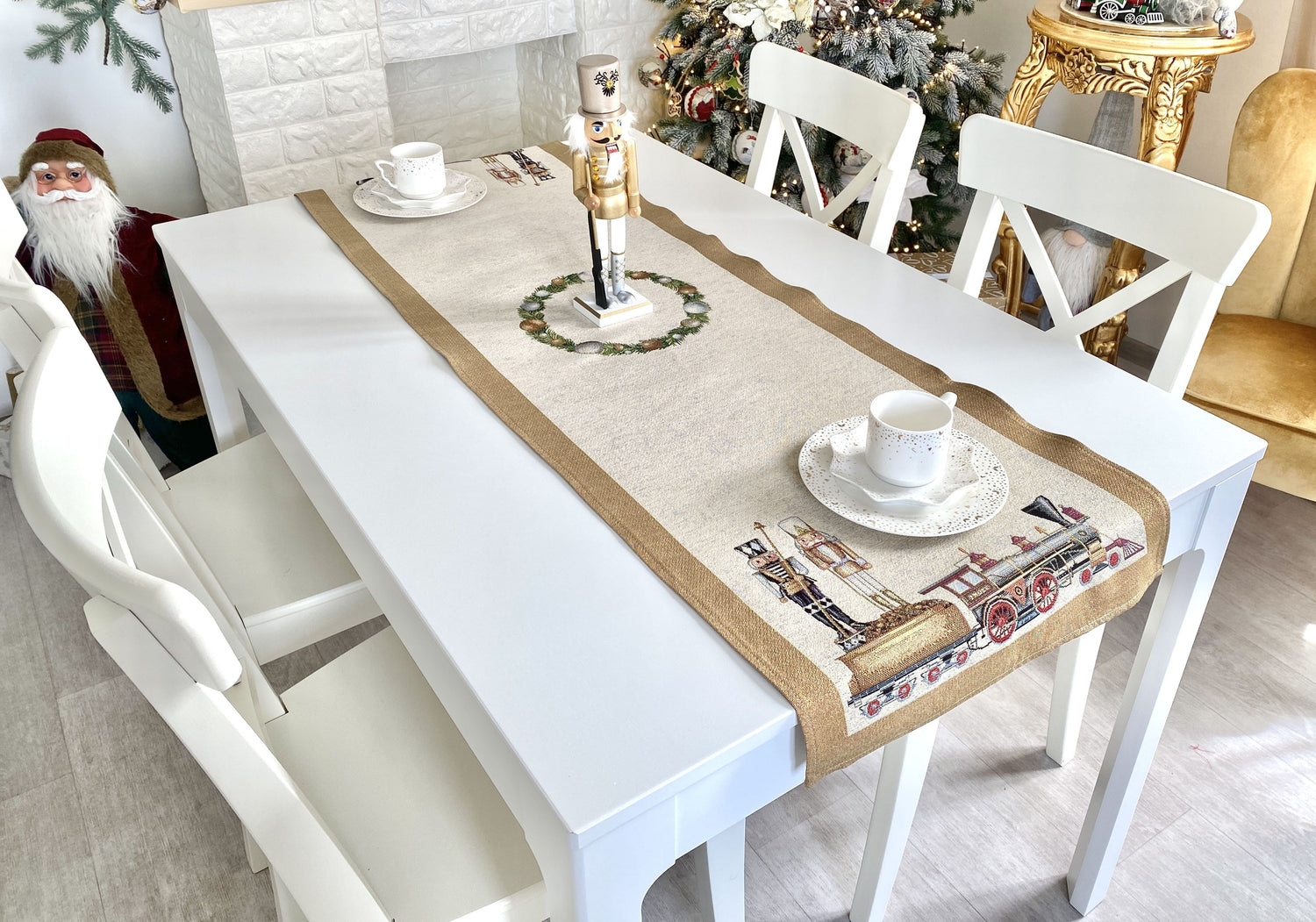 Christmas Tapestry Table runner «Gold Nutcracker» with golden thread Limaso Textile