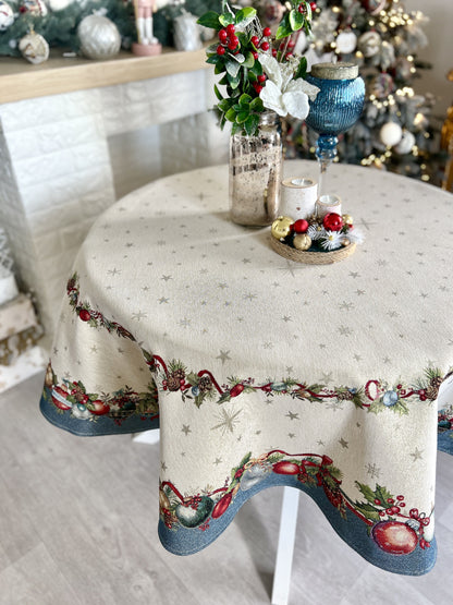 Christmas Round Tablecloth «Christmas Glow» with Golden Lurex - Luxury Tapestry