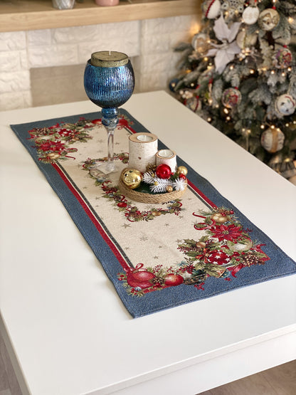 Christmas Table Runner  «Christmas Glow» with Golden Lurex - Luxury Tapestry