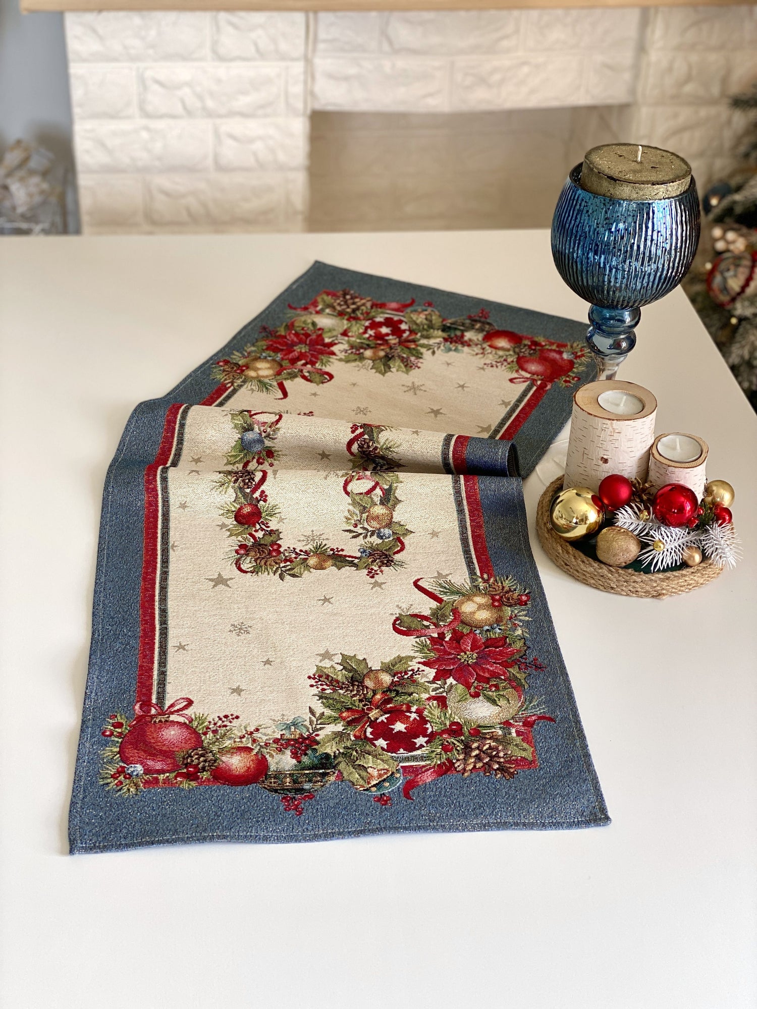 Christmas Table Runner  «Christmas Glow» with Golden Lurex - Luxury Tapestry - Textile4Family