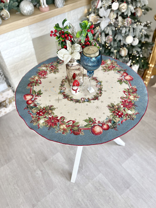 Christmas Round Tablecloth «Christmas Glow» with Golden Lurex - Luxury Tapestry