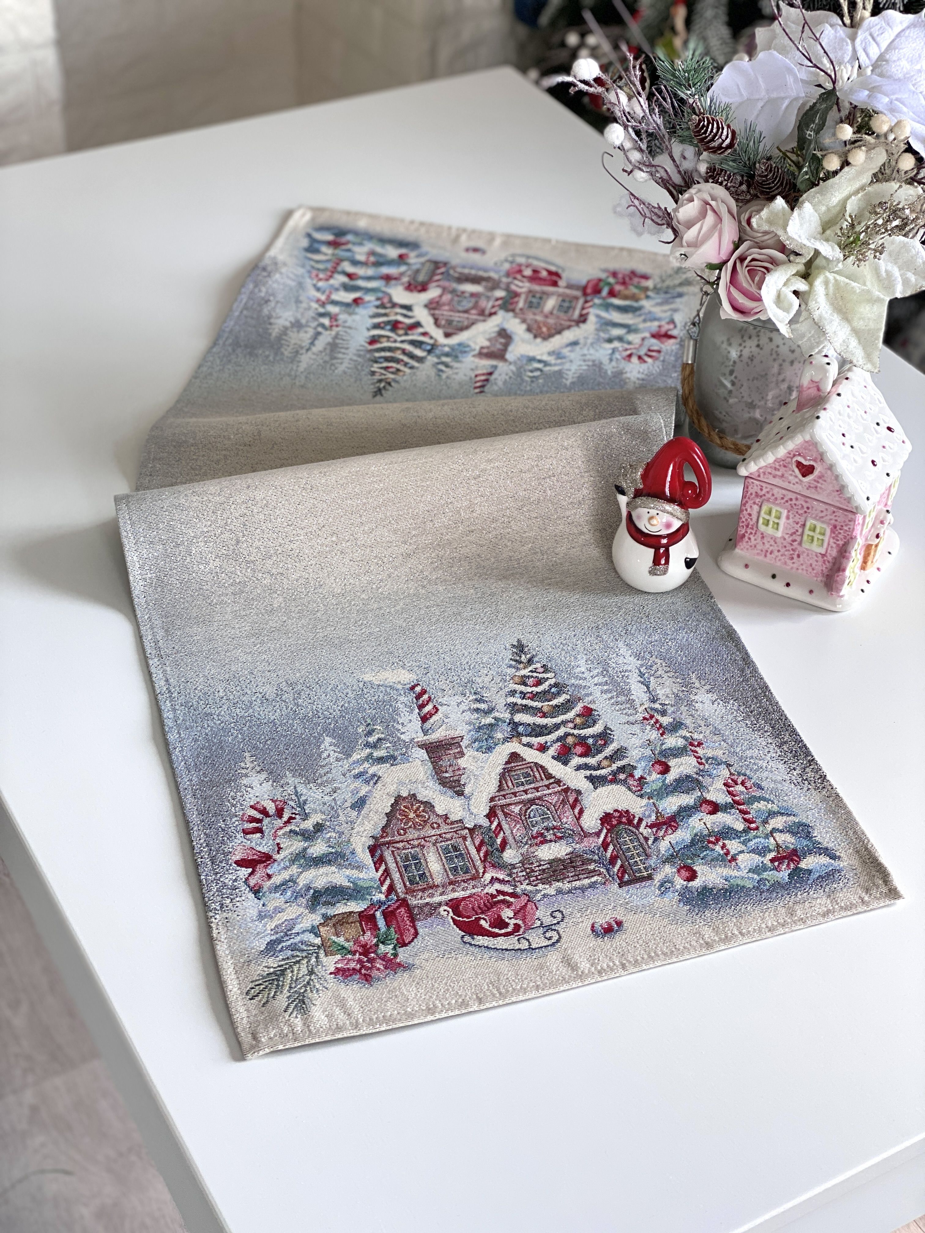 Christmas Table Runner  «Sweet Gingerbread Nights» with Silver Lurex - Premium Gobelin - Textile4Family