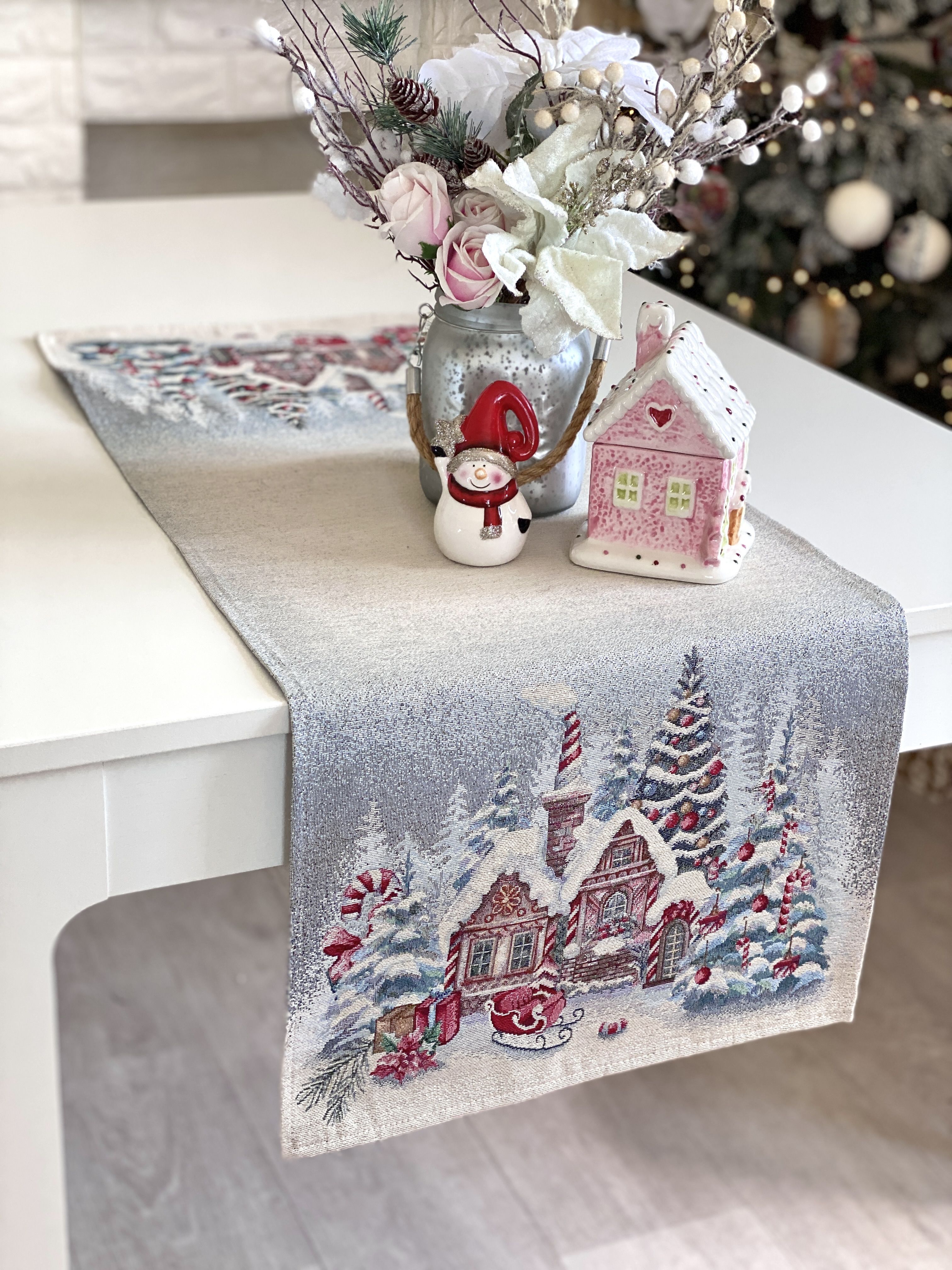 Christmas Table Runner  «Sweet Gingerbread Nights» with Silver Lurex - Premium Gobelin - Textile4Family