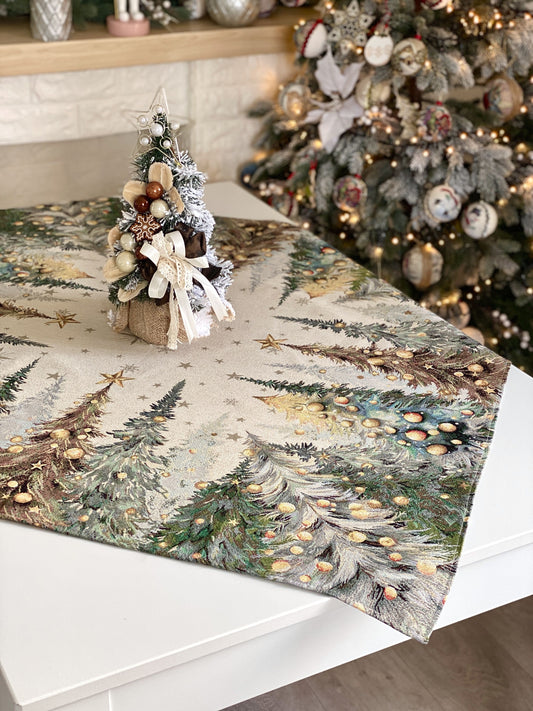 Christmas Tablecloth «Evergreen Magic» with Golden Lurex - Luxury Tapestry