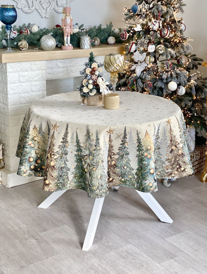 Christmas Round Tablecloth «Evergreen Magic» with Golden Lurex - Luxury Tapestry