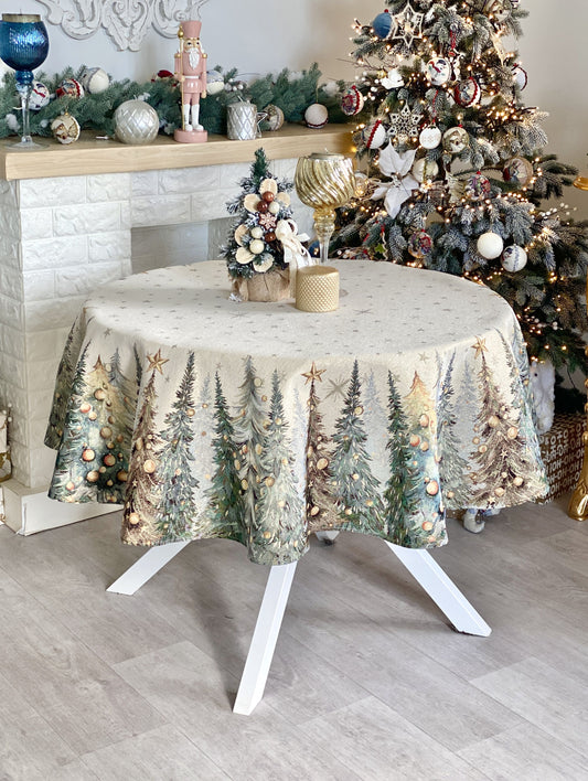 Christmas Round Tablecloth «Evergreen Magic» with Golden Lurex - Luxury Tapestry