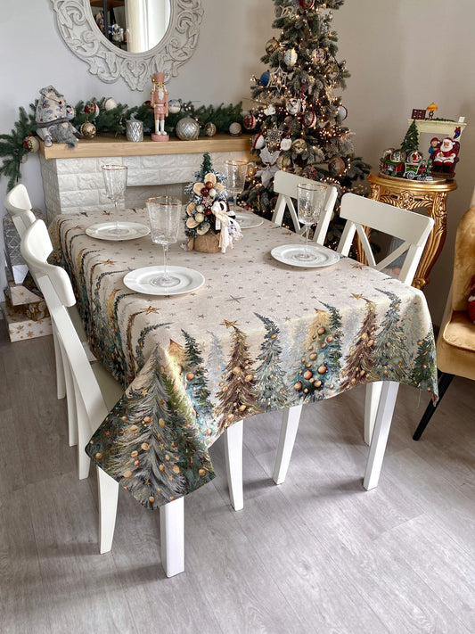 Christmas Tablecloth «Evergreen Magic» with Golden Lurex - Luxury Tapestry